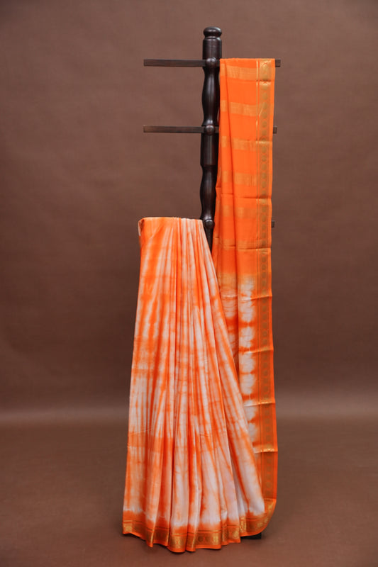 Shibori Tie & Dye Pure Crepe Mysore Silk Saree - Orange