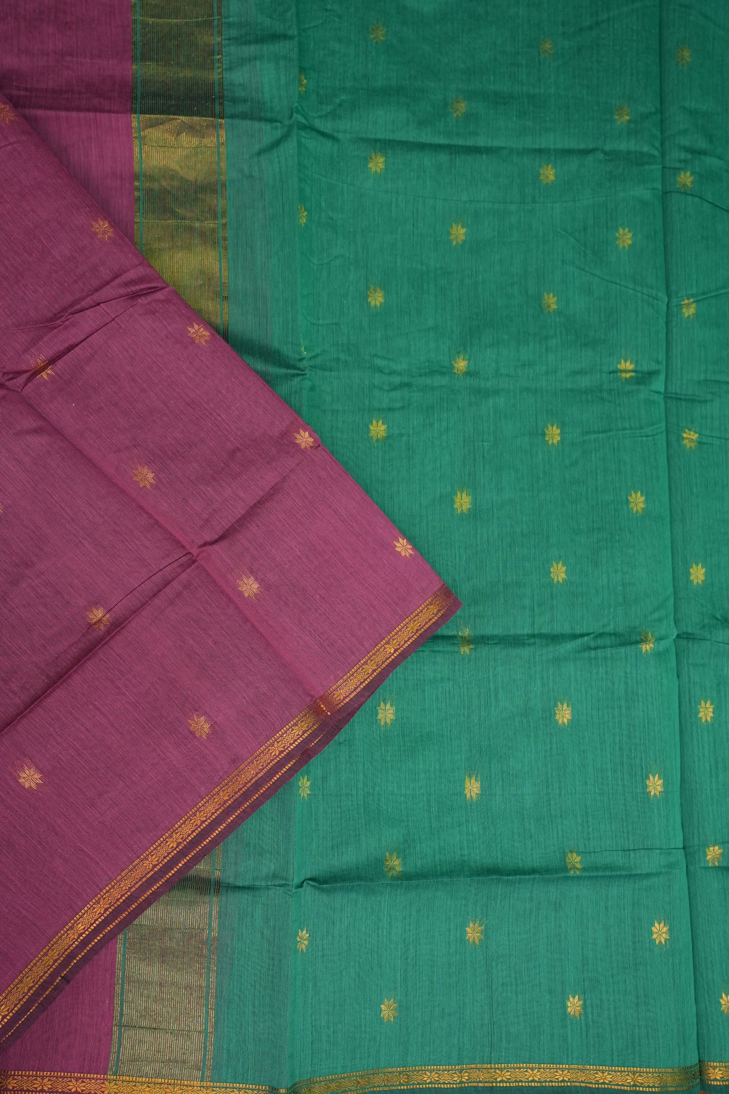 Semi Maheshwari Silk Cotton Saree – Mauve Pink & Teal Green with Gold Zari Buttas