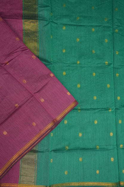 Semi Maheshwari Silk Cotton Saree – Mauve Pink & Teal Green with Gold Zari Buttas