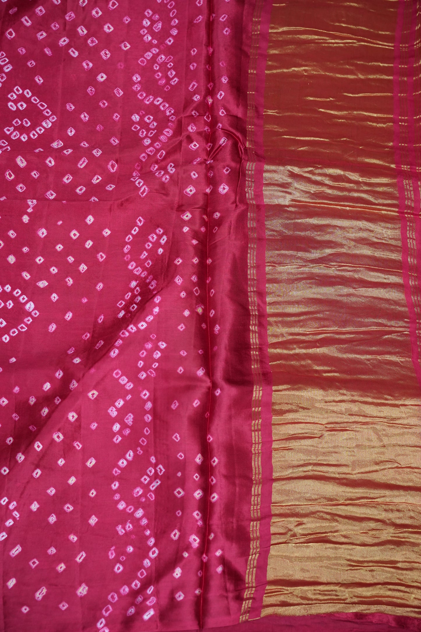 Pure Gajji Silk Bandhani Saree – Rani Pink with Traditional Bandhej Motifs & Gold Tissue Pallu