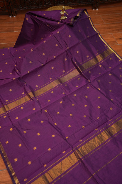 Semi Maheshwari Silk Cotton Saree – Deep Purple with Gold Zari Buttas