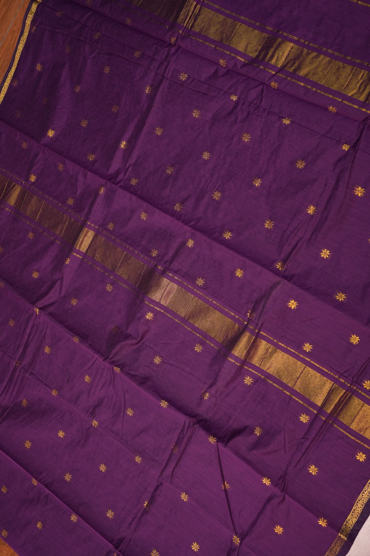 Semi Maheshwari Silk Cotton Saree – Deep Purple with Gold Zari Buttas