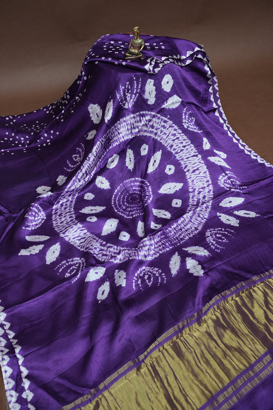 Pure Gajji Silk Bandhani Saree – Royal Purple with Spiral Bandhej Pallu & Gold Tissue Border