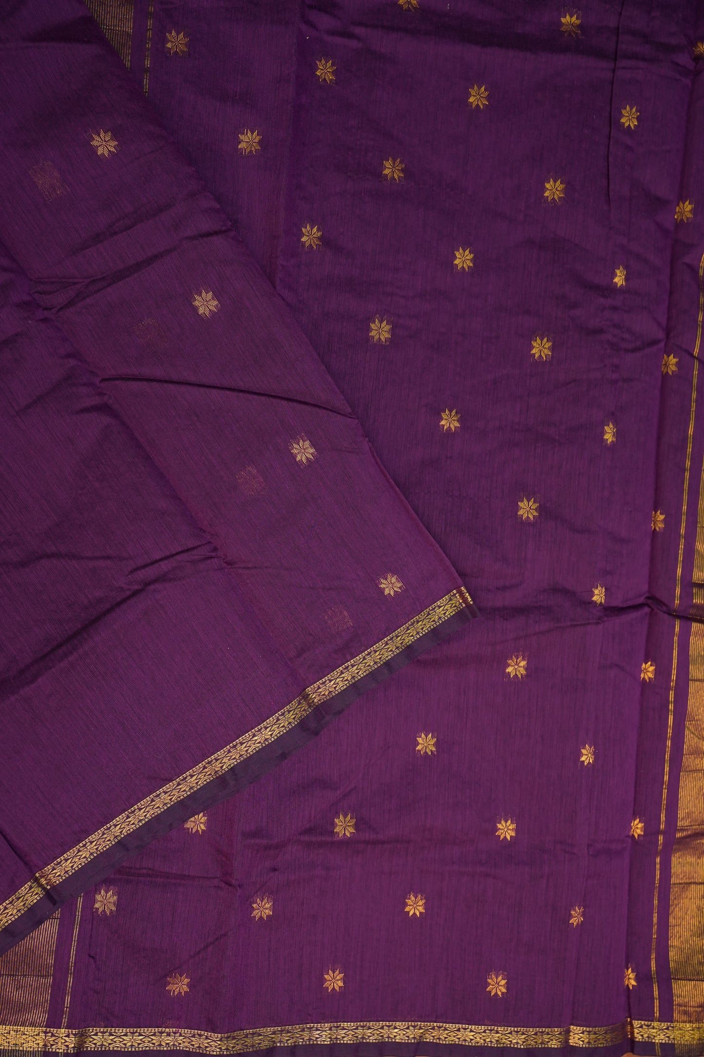 Semi Maheshwari Silk Cotton Saree – Deep Purple with Gold Zari Buttas