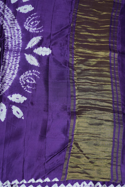 Pure Gajji Silk Bandhani Saree – Royal Purple with Spiral Bandhej Pallu & Gold Tissue Border