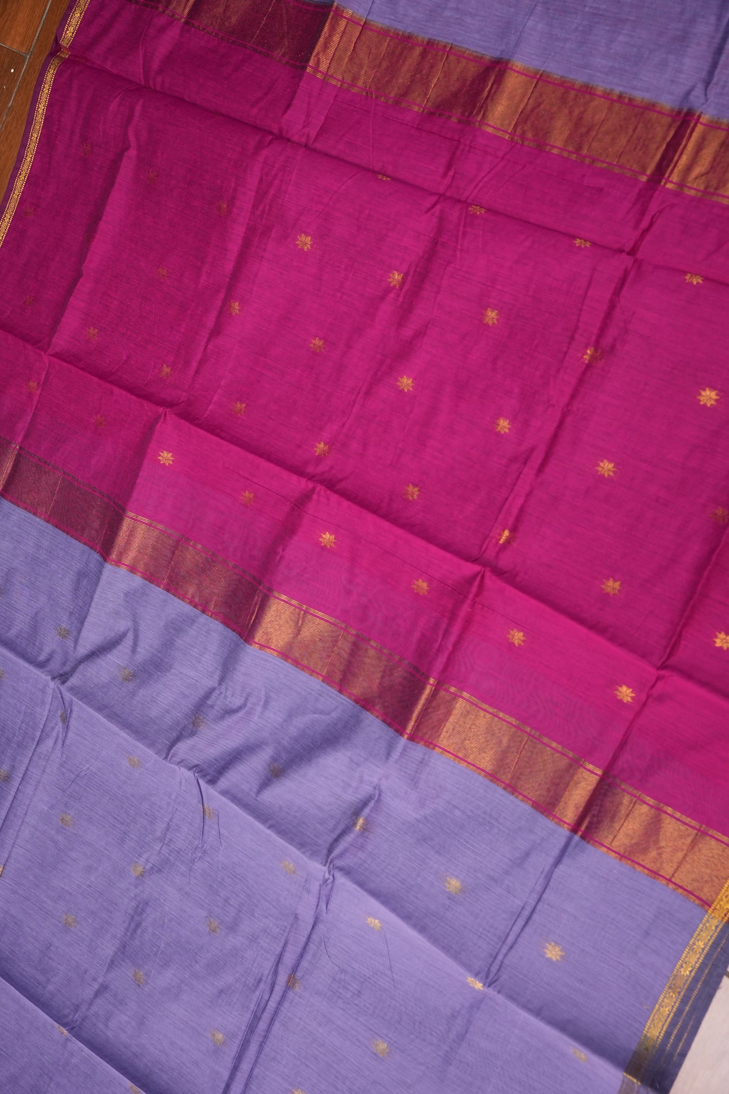 Semi Maheshwari Silk Cotton Saree – Lavender & Rani Pink with Zari Buttas