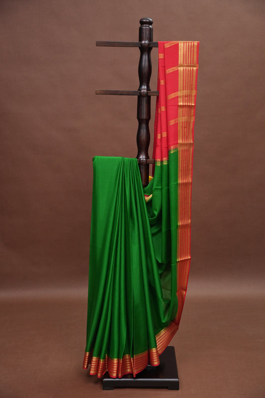 Pure Crepe Mysore Silk Saree - Leaf Green with Red Border