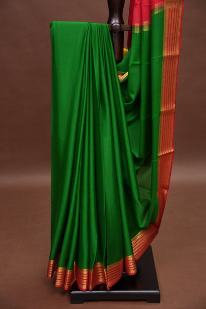 Pure Crepe Mysore Silk Saree - Leaf Green with Red Border