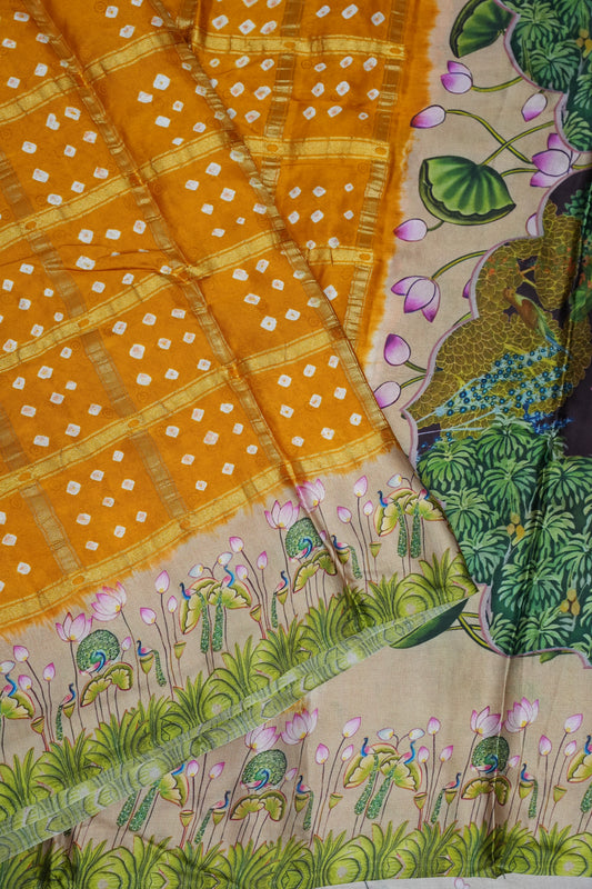 Subarnam's Exclusive Statement Saree – Pure Modal Gajji Silk Bandhani & Kalamkari Saree