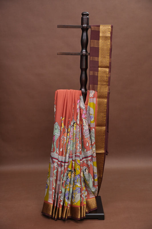 Kalamkari Printed Pure Crepe Mysore Silk Saree - Dark Peach & Chocolate Brown