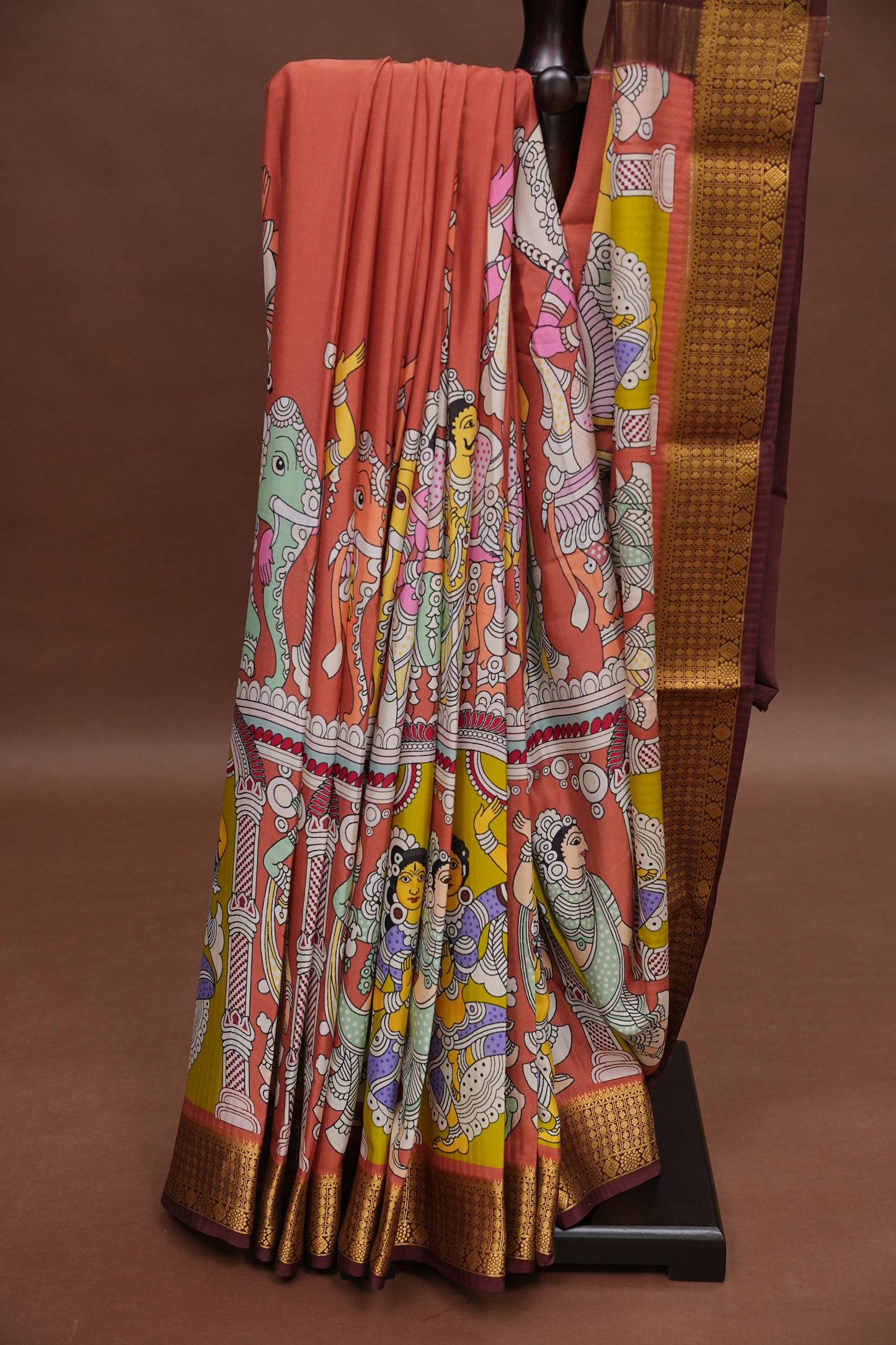 Kalamkari Printed Pure Crepe Mysore Silk Saree - Dark Peach & Chocolate Brown