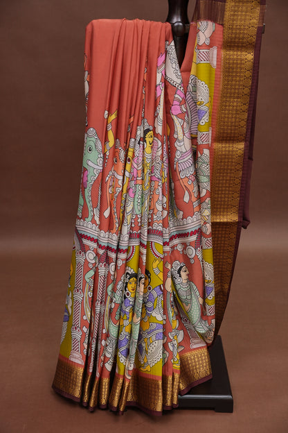 Kalamkari Printed Pure Crepe Mysore Silk Saree - Dark Peach & Chocolate Brown