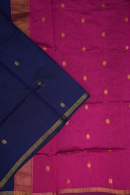 Semi Maheshwari Silk Cotton Saree – Navy Blue & Rani Pink with Zari Buttas