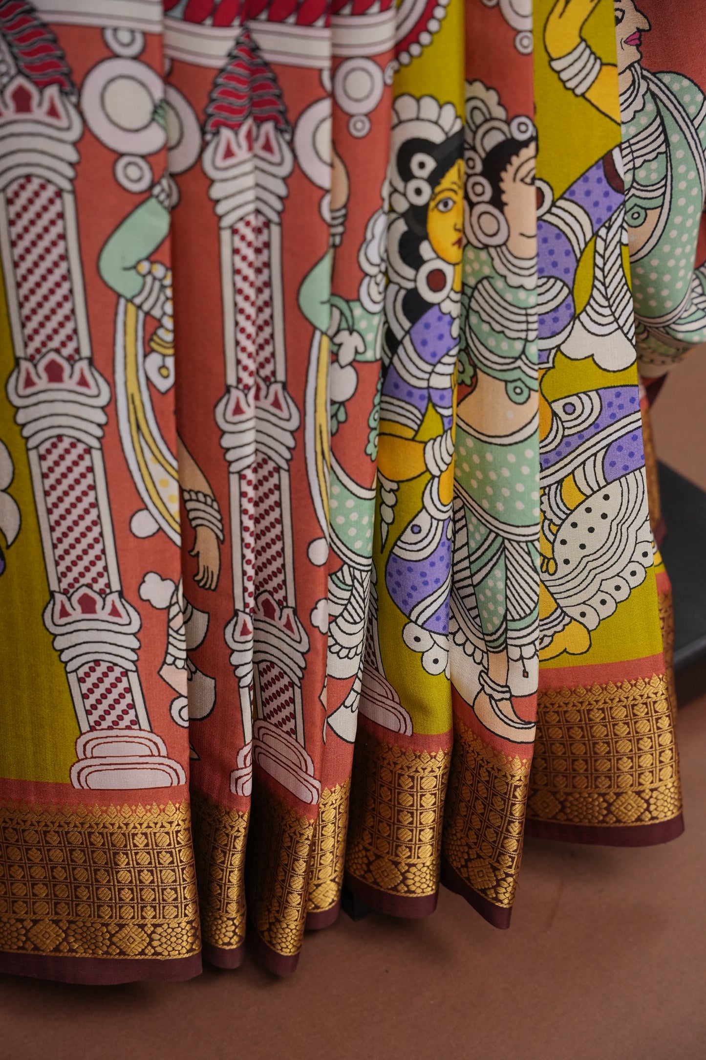 Kalamkari Printed Pure Crepe Mysore Silk Saree - Dark Peach & Chocolate Brown