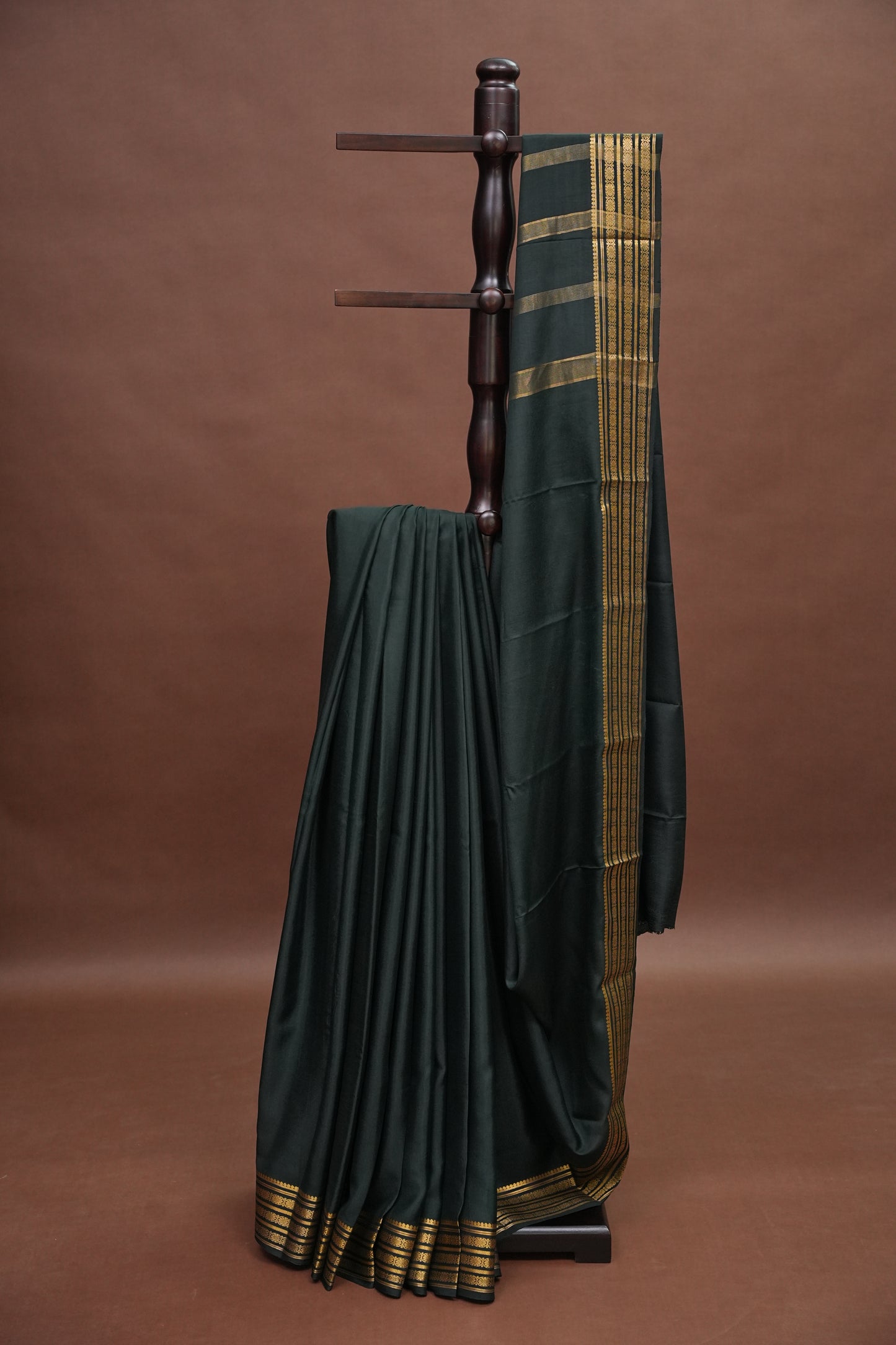 Pure Crepe Mysore Silk Saree - Deep Bottle Green With Gold Zari Border