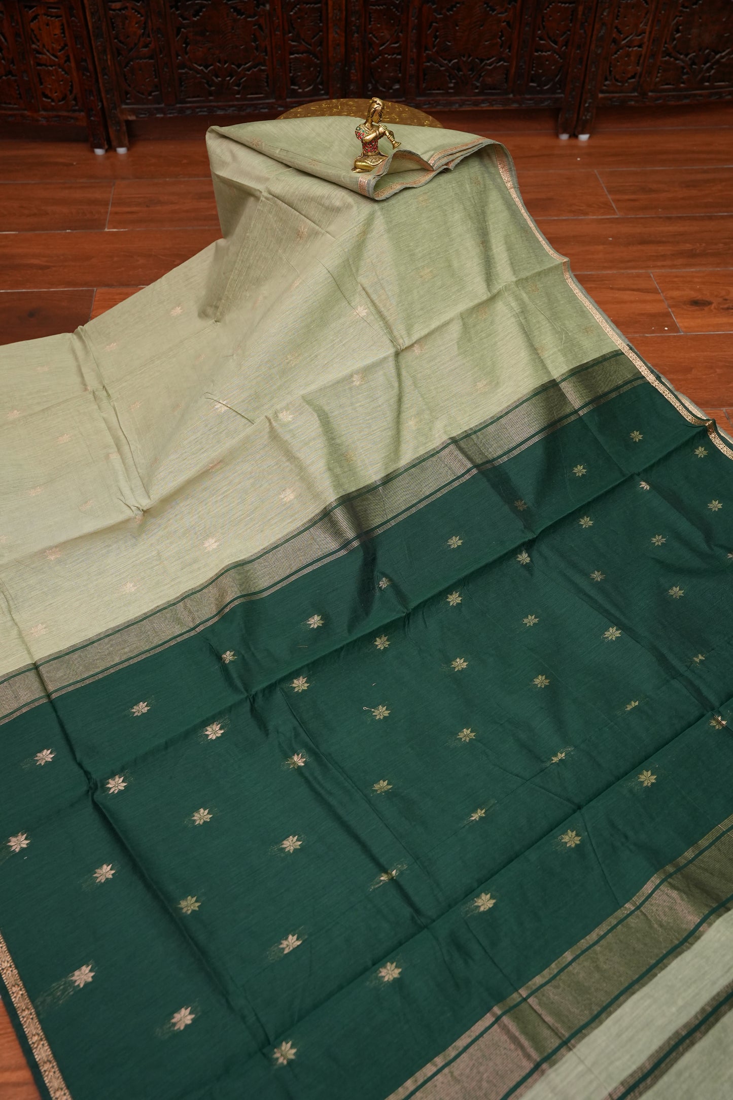 Semi Maheshwari Silk Cotton Saree – Sage Green & Bottle Green with Zari Buttas