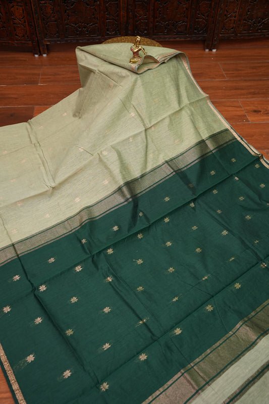 Semi Maheshwari Silk Cotton Saree – Sage Green & Bottle Green with Zari Buttas