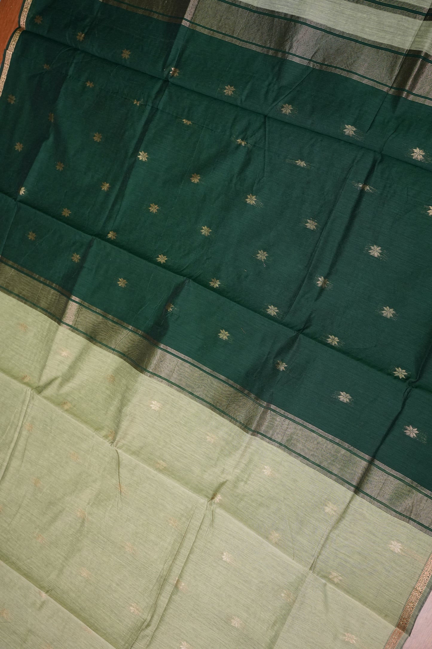 Semi Maheshwari Silk Cotton Saree – Sage Green & Bottle Green with Zari Buttas