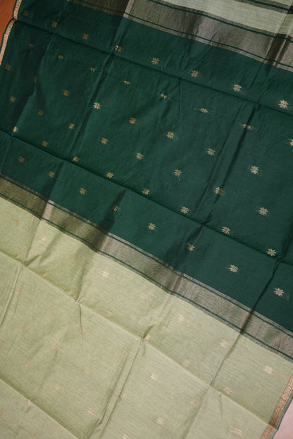 Semi Maheshwari Silk Cotton Saree – Sage Green & Bottle Green with Zari Buttas