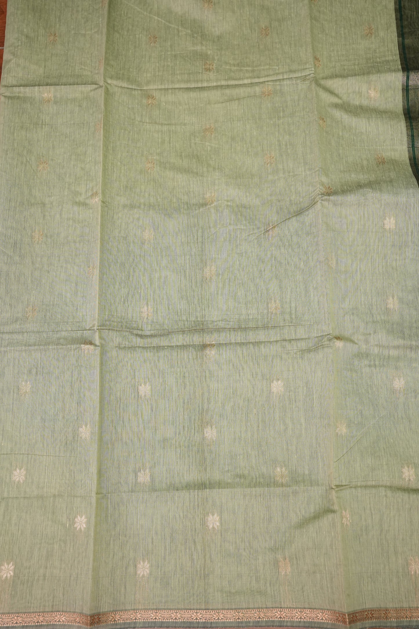 Semi Maheshwari Silk Cotton Saree – Sage Green & Bottle Green with Zari Buttas
