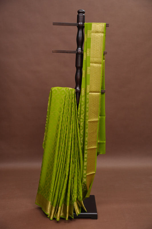 Pure Crepe Mysore Silk Saree - Olive Green with Gold Zari Border