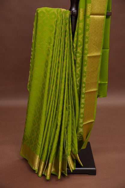 Pure Crepe Mysore Silk Saree - Olive Green with Gold Zari Border