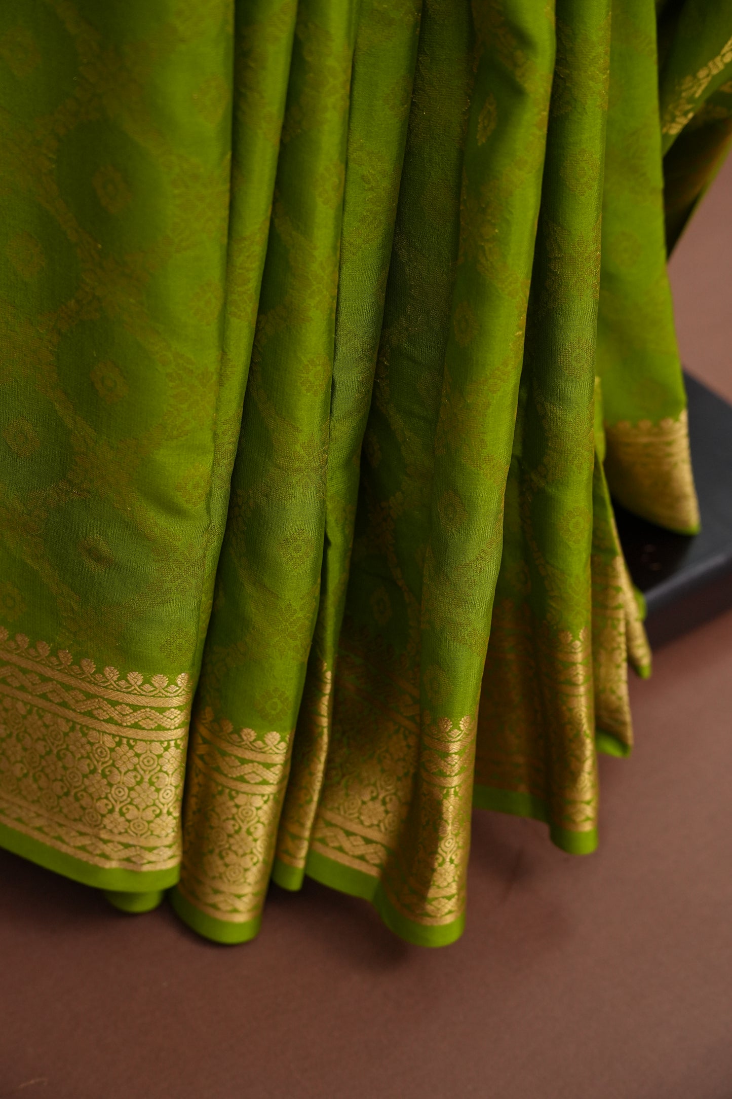 Pure Crepe Mysore Silk Saree - Olive Green with Gold Zari Border