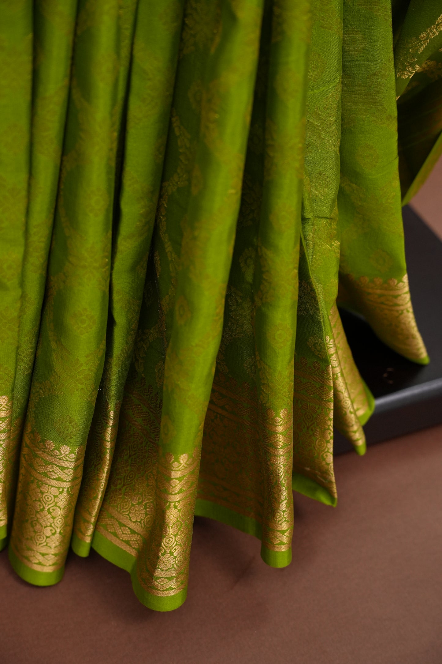 Pure Crepe Mysore Silk Saree - Olive Green with Gold Zari Border