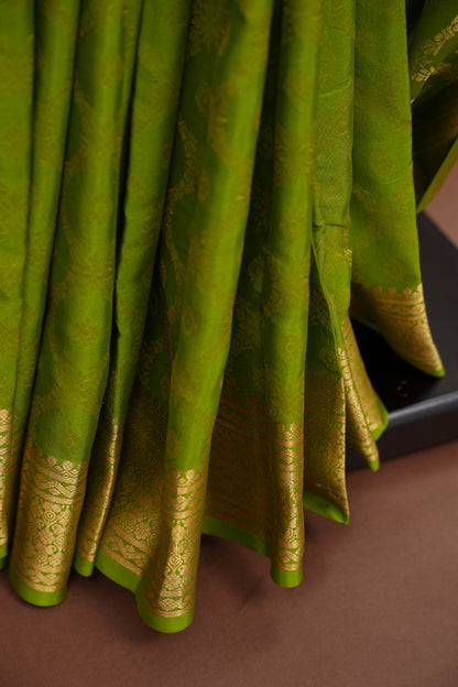 Pure Crepe Mysore Silk Saree - Olive Green with Gold Zari Border