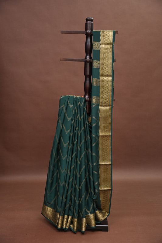 Pure Crepe Mysore Silk Saree - Bottle Green With Gold Zaro Border