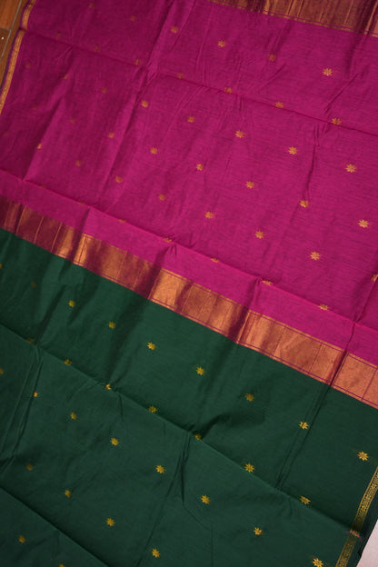 Semi Maheshwari Silk Cotton Saree – Bottle Green & Magenta with Zari Buttas