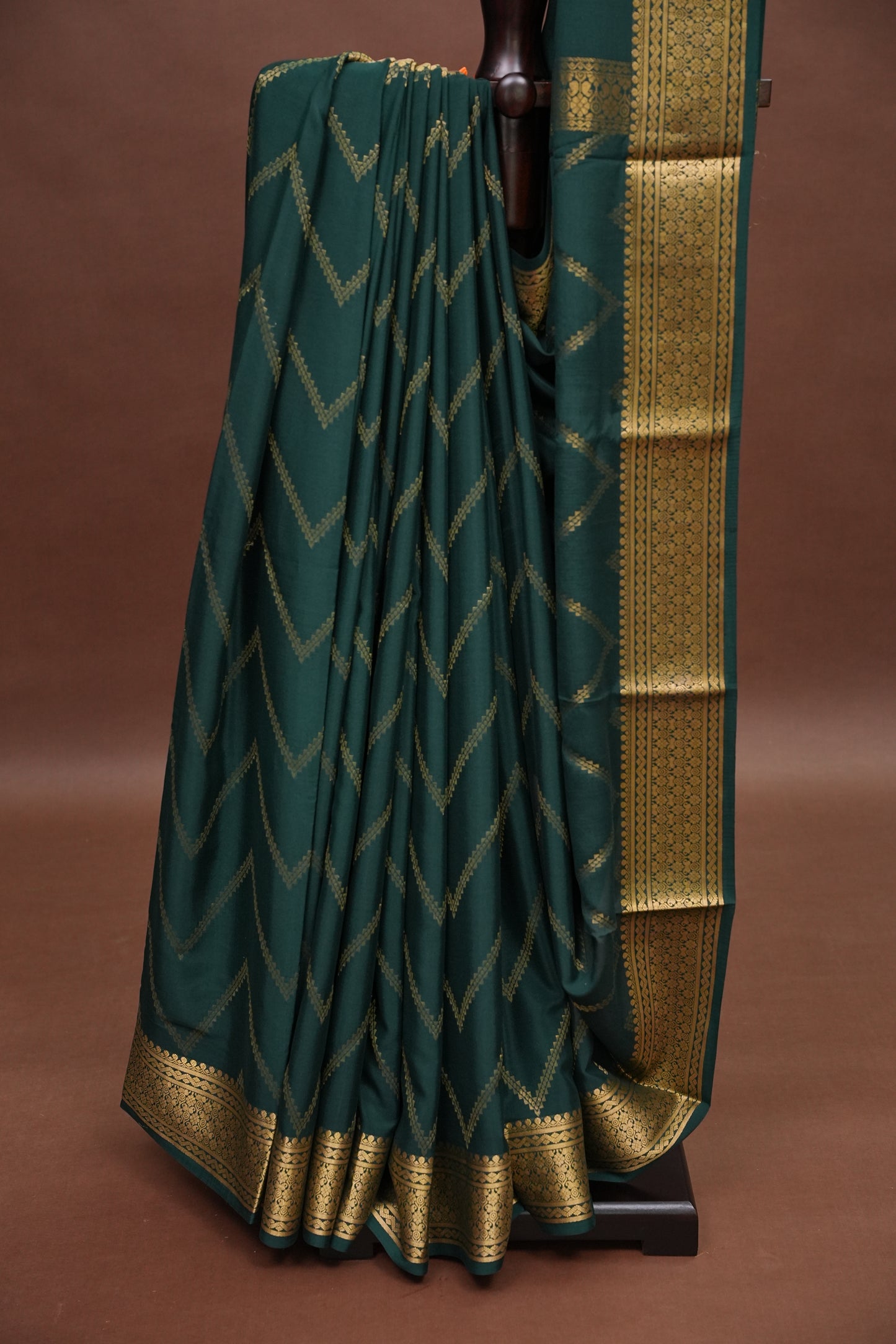 Pure Crepe Mysore Silk Saree - Bottle Green With Gold Zaro Border