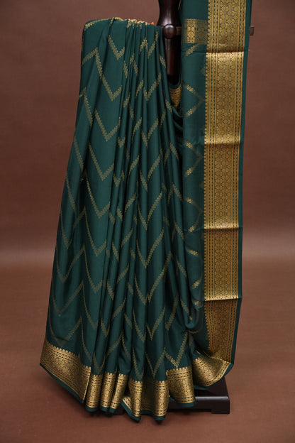 Pure Crepe Mysore Silk Saree - Bottle Green With Gold Zaro Border