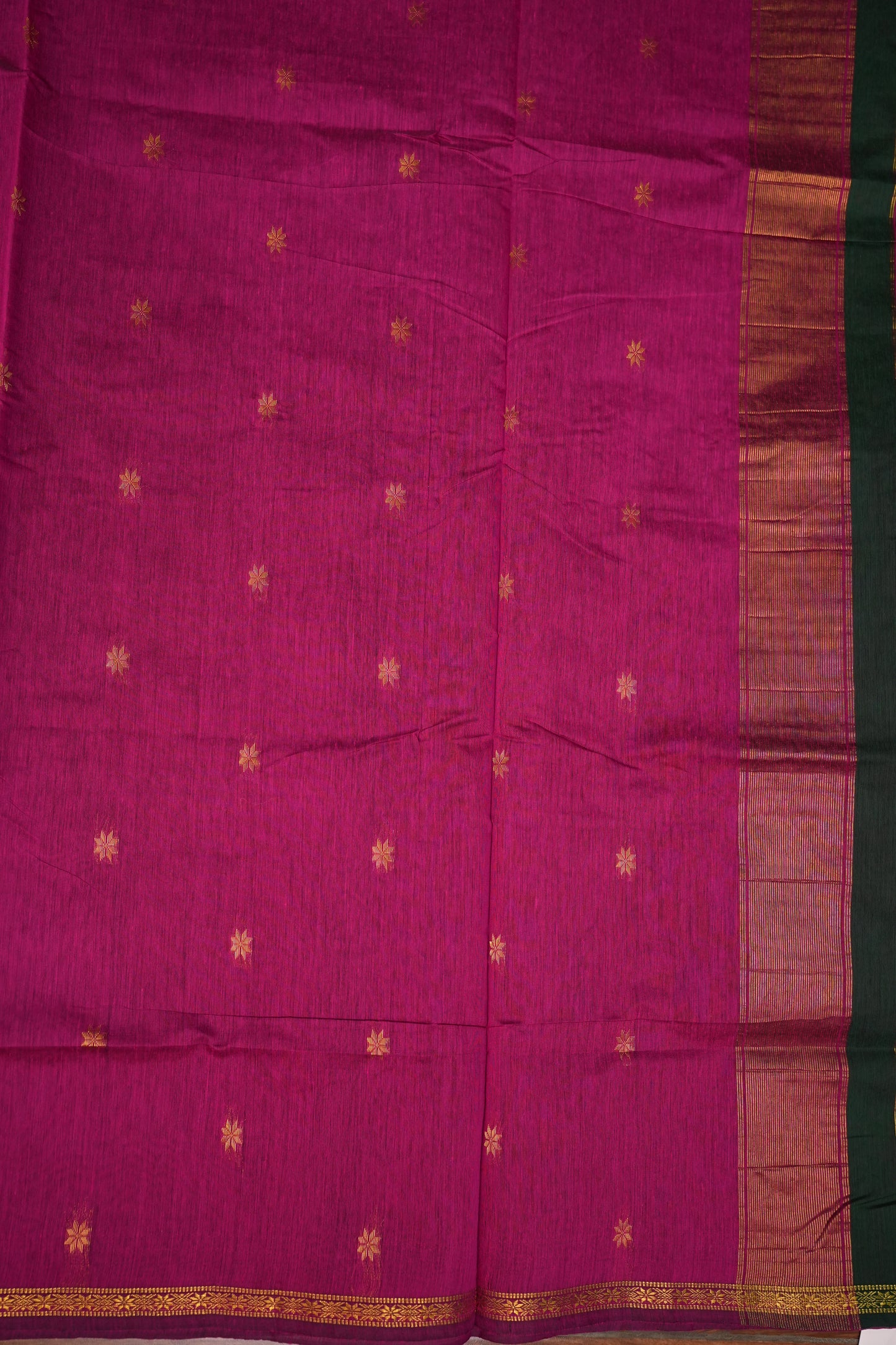 Semi Maheshwari Silk Cotton Saree – Bottle Green & Magenta with Zari Buttas