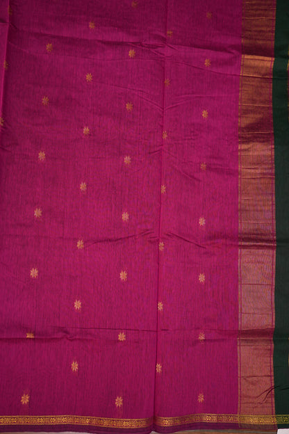 Semi Maheshwari Silk Cotton Saree – Bottle Green & Magenta with Zari Buttas