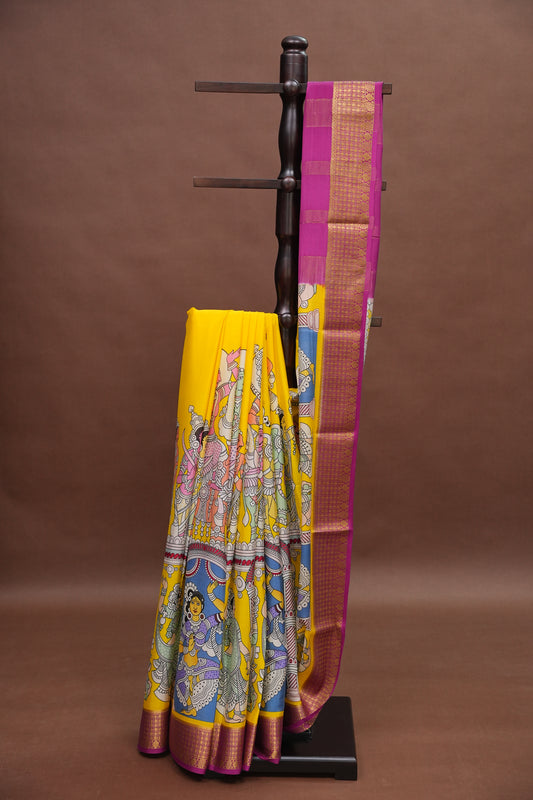 Kalamkari Printed Pure Crepe Mysore Silk Saree - Yellow & Pink Contrast