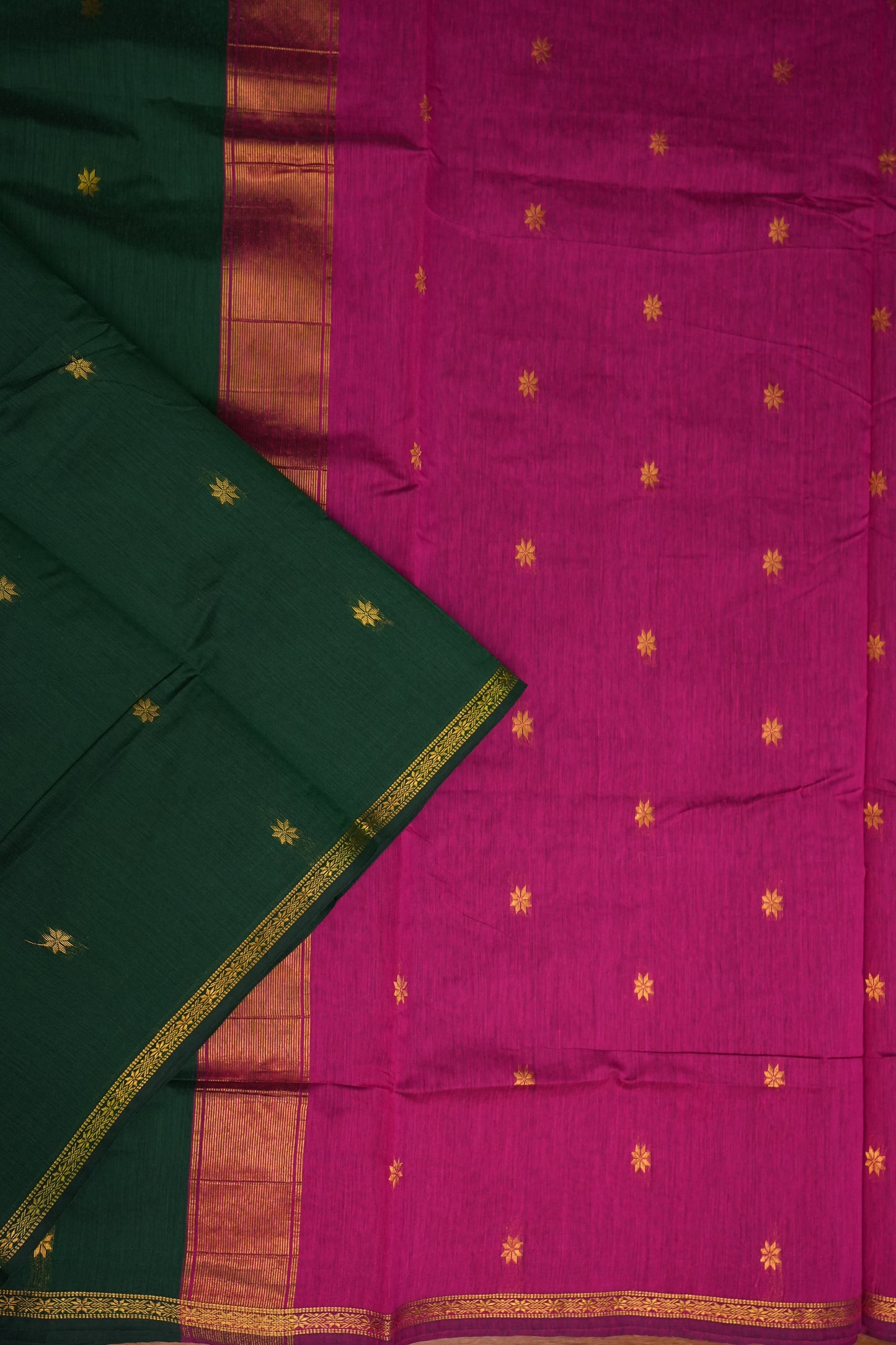 Semi Maheshwari Silk Cotton Saree – Bottle Green & Magenta with Zari Buttas