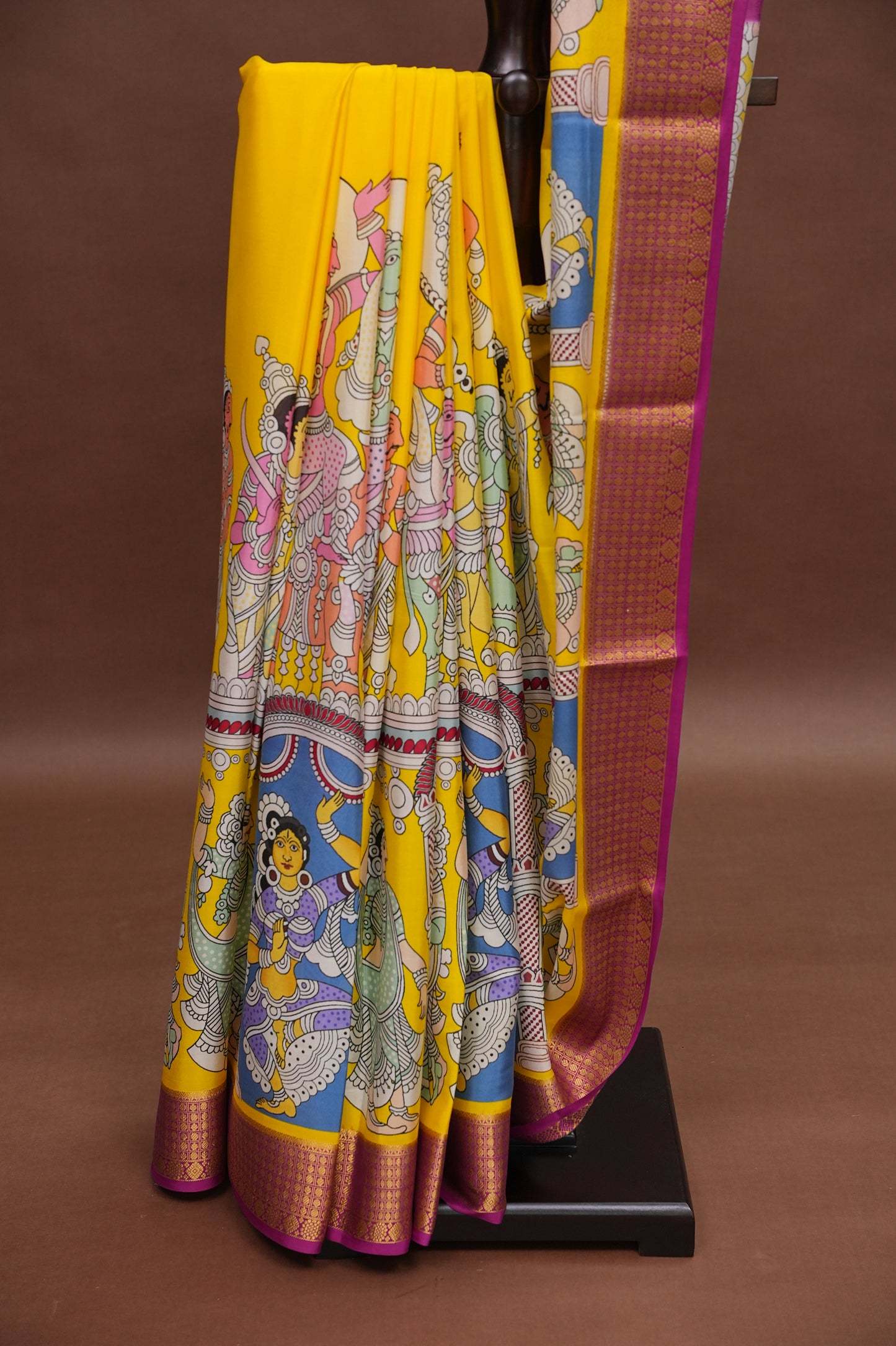 Kalamkari Printed Pure Crepe Mysore Silk Saree - Yellow & Pink Contrast