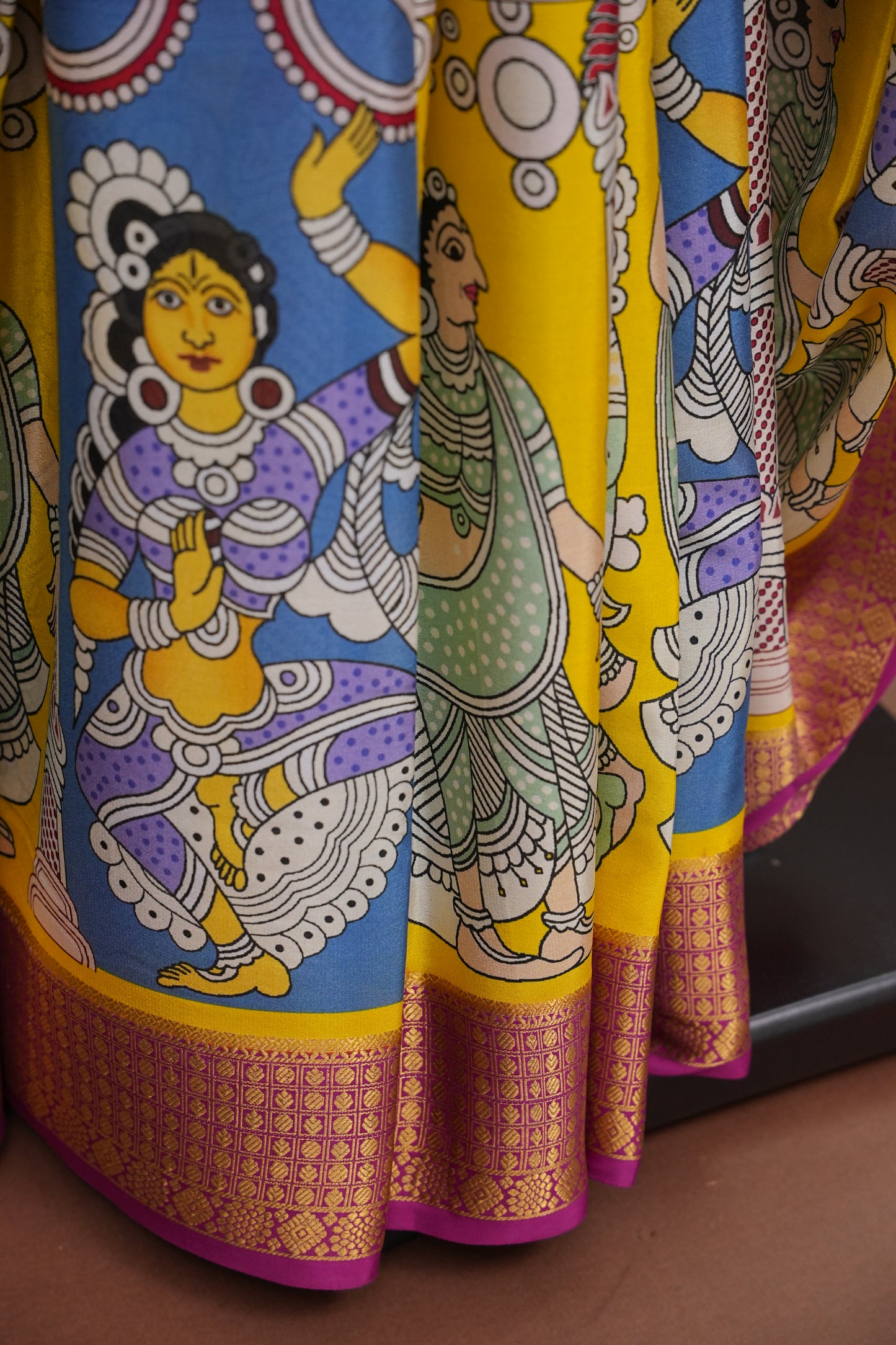 Kalamkari Printed Pure Crepe Mysore Silk Saree - Yellow & Pink Contrast