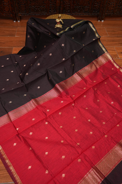 Semi Maheshwari Silk Cotton Saree – Black & Red with Zari Buttas