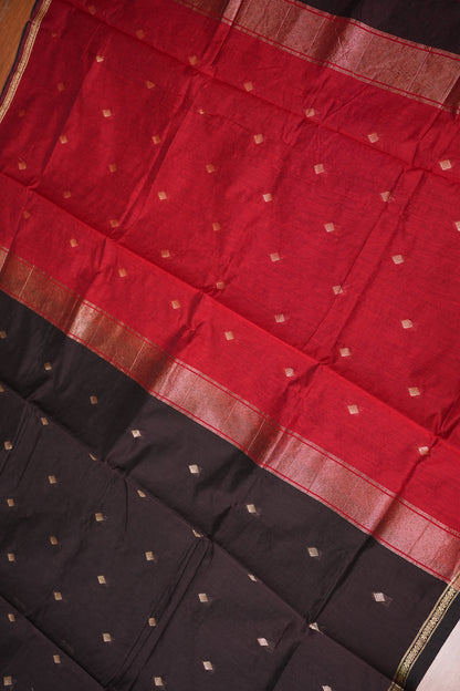 Semi Maheshwari Silk Cotton Saree – Black & Red with Zari Buttas