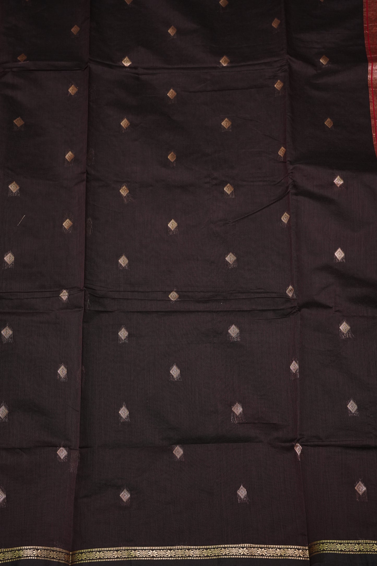 Semi Maheshwari Silk Cotton Saree – Black & Red with Zari Buttas