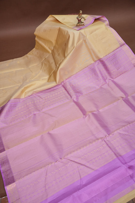 Beige & Lilac Pure Kanchipuram Silk Saree|Silk Mark Certified
