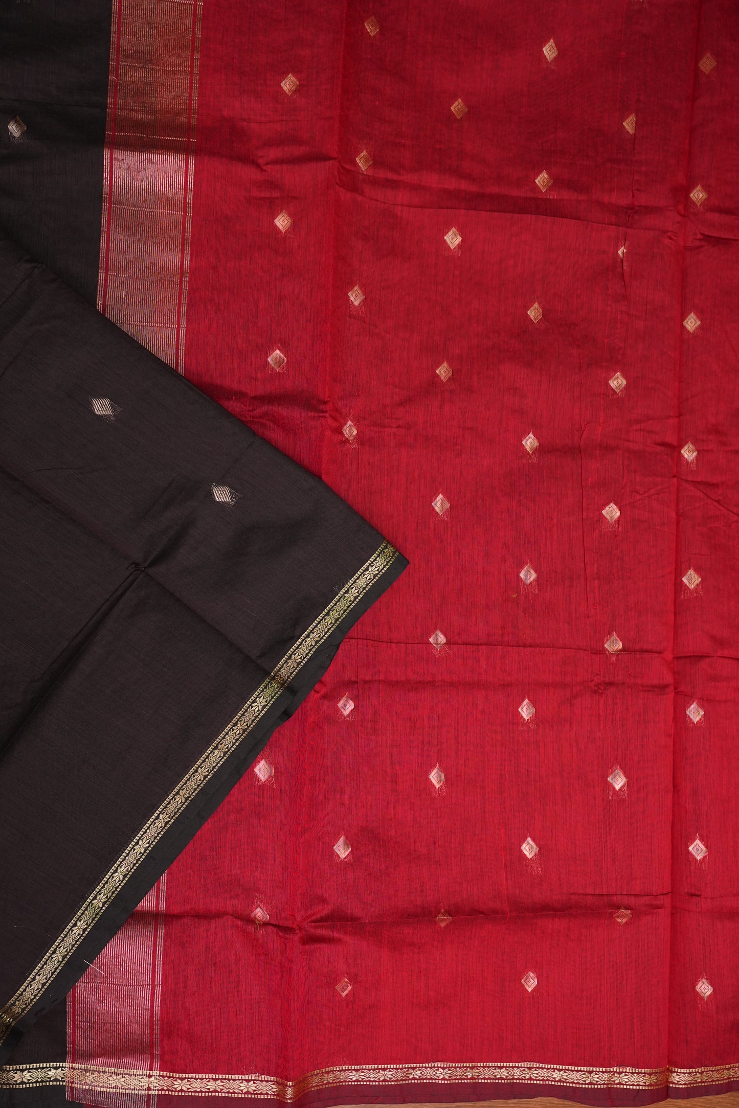 Semi Maheshwari Silk Cotton Saree – Black & Red with Zari Buttas