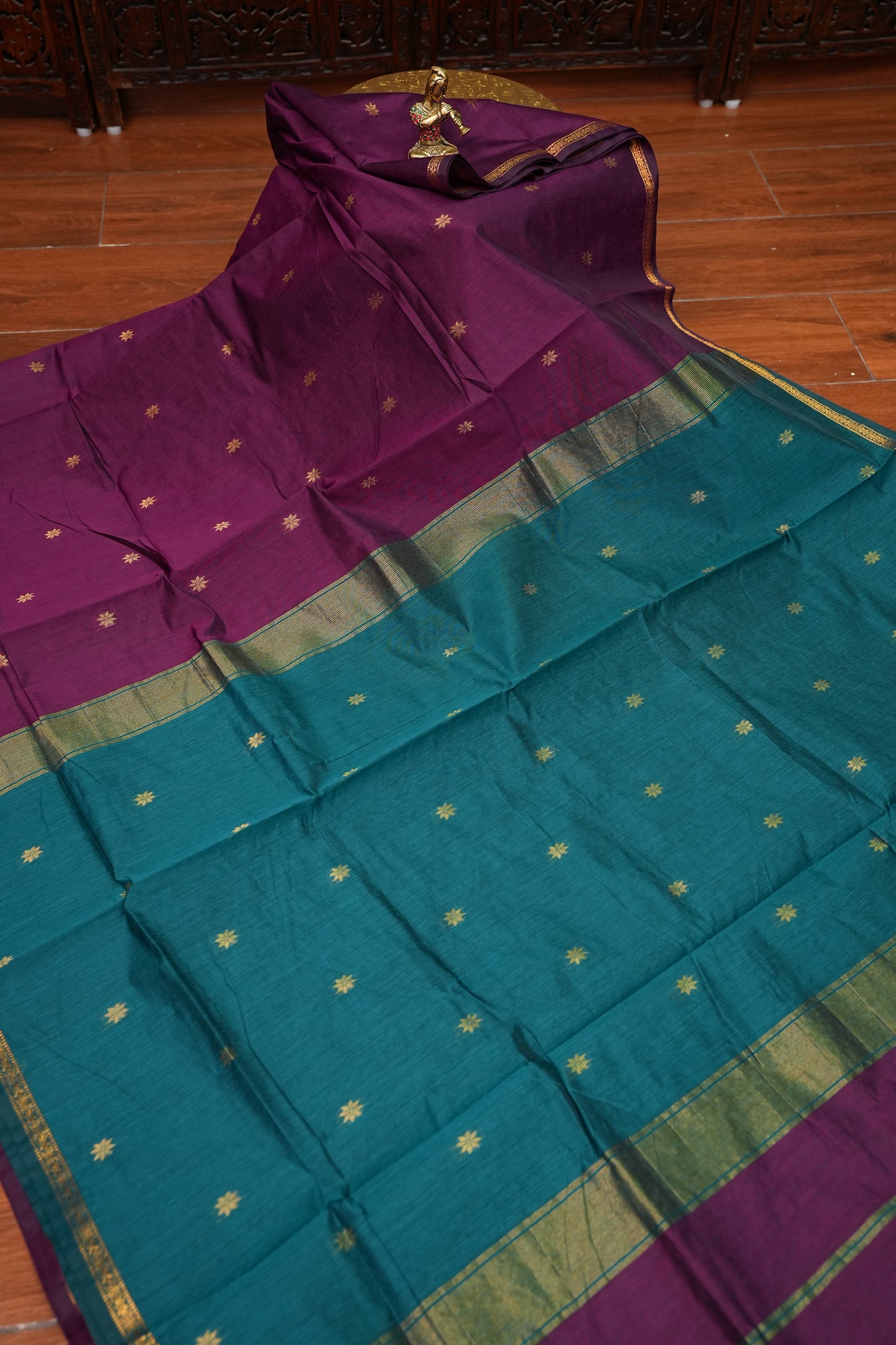 Semi Maheshwari Silk Cotton Saree – Deep Purple & Teal with Zari Buttas
