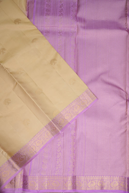Beige & Lilac Pure Kanchipuram Silk Saree|Silk Mark Certified