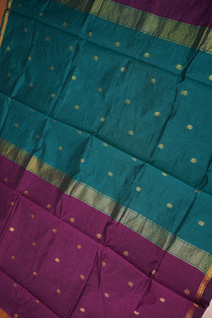Semi Maheshwari Silk Cotton Saree – Deep Purple & Teal with Zari Buttas