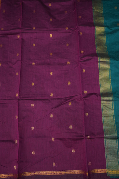 Semi Maheshwari Silk Cotton Saree – Deep Purple & Teal with Zari Buttas