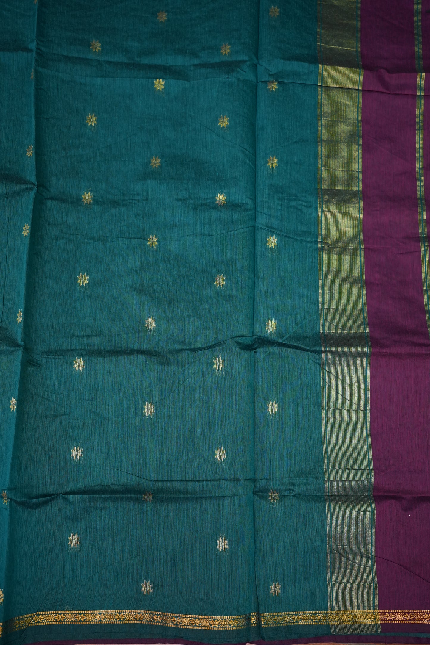 Semi Maheshwari Silk Cotton Saree – Deep Purple & Teal with Zari Buttas
