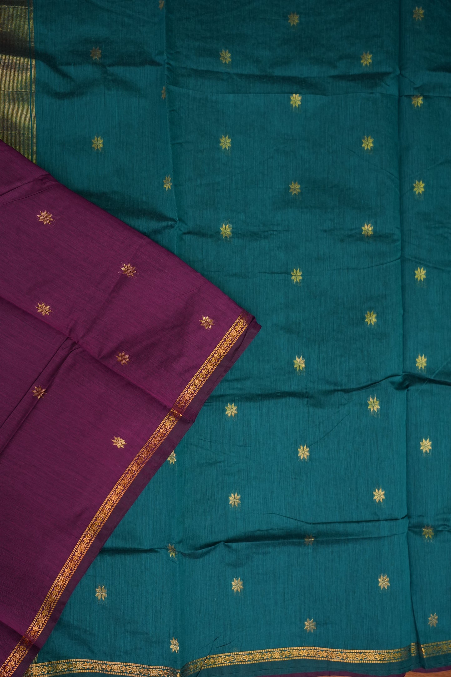 Semi Maheshwari Silk Cotton Saree – Deep Purple & Teal with Zari Buttas